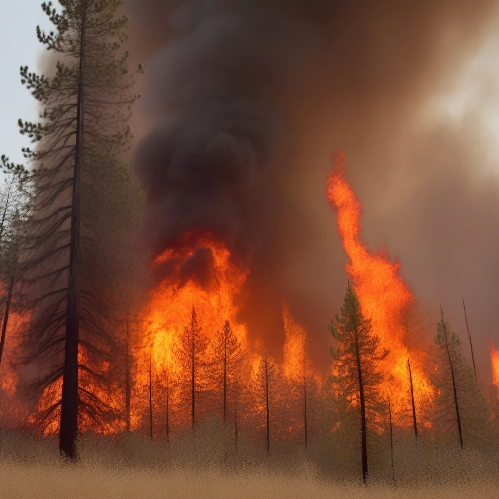 scenery, background, scenery, no humans, realistic, nature, forest, scenery, no humans, outdoors, tree, grass, plant, sunlight, fire, scenery, forest on fire, forest fire, forest in flames, A dramatic scene of a forest fire, tall pine trees with dark, charred bark are engulfed in flames, the fire burns fiercely at the base, sending up bright orange and yellow flames that lick at the trunks, the ground is covered in a thick layer of burning vegetation and ash, creating a fiery carpet, dense smoke billows upwards, casting a hazy pall over the entire scene, the smoke is thick and grey, blending with the tree trunks and obscuring the background, sparks and embers fly through the air, adding a sense of chaos and danger, the trees' needles are singed, and some branches are already reduced to blackened ash, the lighting is intense and dramatic, with the fire casting a hellish glow and deep shadows, the overall atmosphere is one of destruction and urgency, capturing the ferocity and uncontrollable nature of a wildfire, the scene is detailed with high-resolution textures, vivid colors of the flames and smoke, and a powerful sense of natural disaster, no humans, no human, no people, day time, smoke, smoke everywhere, fire, fires,