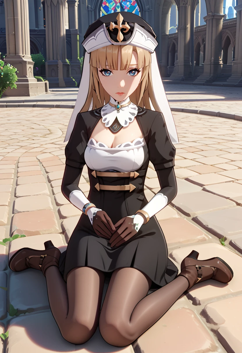 score_9, score_8_up, score_7_up, score_6_up, score_5_up, 1girl, <lora:Genshin_Mondstadt_Girls:0.9> MondstadtGirls, source genshin impact, nun, veil, cleavage, black dress, pantyhose, high heel boots, white skin, blonde hair, hair bun, asymmetrical bangs, blue eyes, sad, gloves, sexy, female focus, fantasy, expressive, skindentation, skinny, 1female, masterpiece, 32K HD, beautiful attention to detail, detailed eyes, shiny skin, showing lots of skin, wide lens, perfect hands, perfect eyes, ((2d)), anime, source anime, flat shadows, flat colors, looking at viewer, zPDXL2, zPDXLxxx, sitting, clothed female, uncensored , full body, outdoors