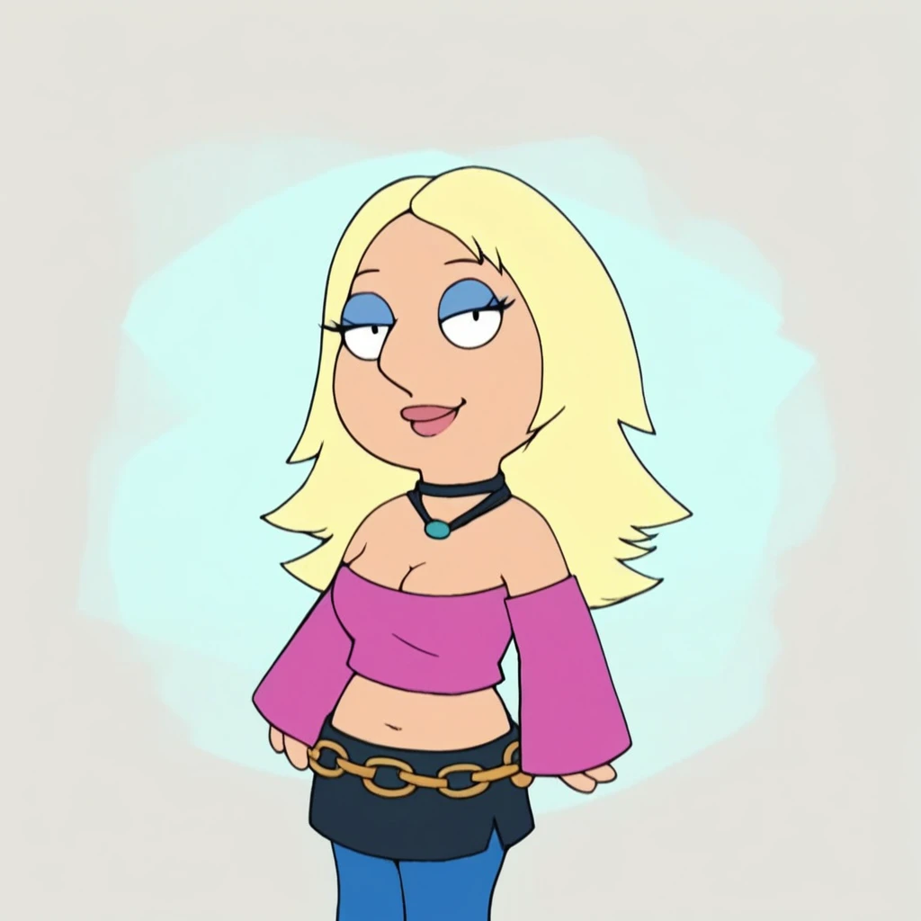 meg, blonde hair, 1girl, solo, long hair, flat color, pink shirt, crop top, navel, detached sleeves, choker, necklace, cleavage, medium breasts, black skirt, blue pants, makeup, eyeshadow, belt, standing, looking at viewer, smile, griffin household, score_9, score_8_up, score_7_up, score_6_up, score_5_up, score_4_up