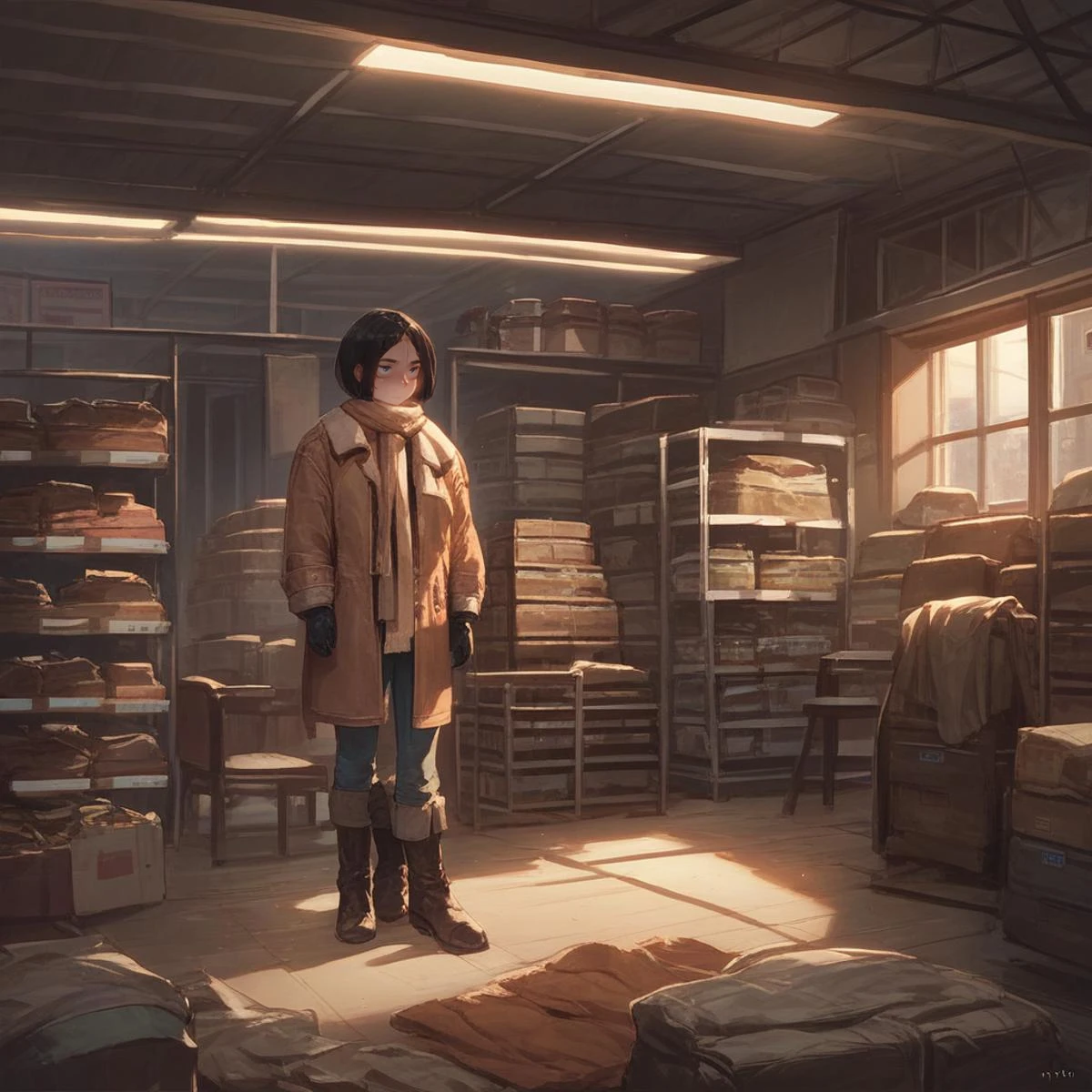 score_9, score_8_up, score_7_up, solo, short hair, black hair, gloves, boots, pants, indoors, scarf, coat, window, chair, warehouse, night, dark