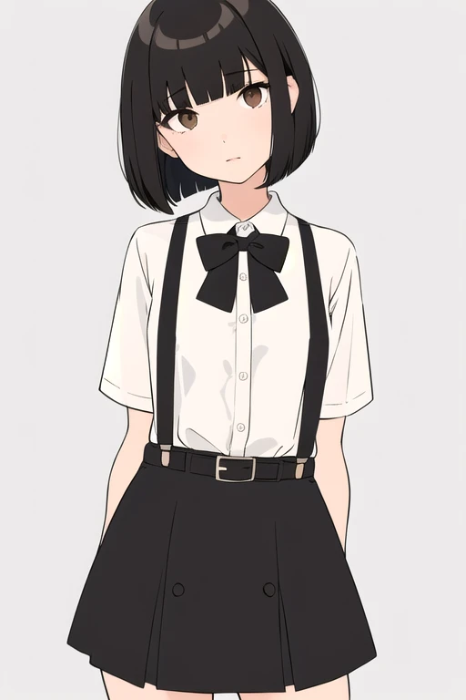 flat color,

1girl, 
black hair, brown eyes,
(bob cut:1.2), bangs, blunt bangs,

suspender skirt, black skirt, brown belt,

black bowtie, 