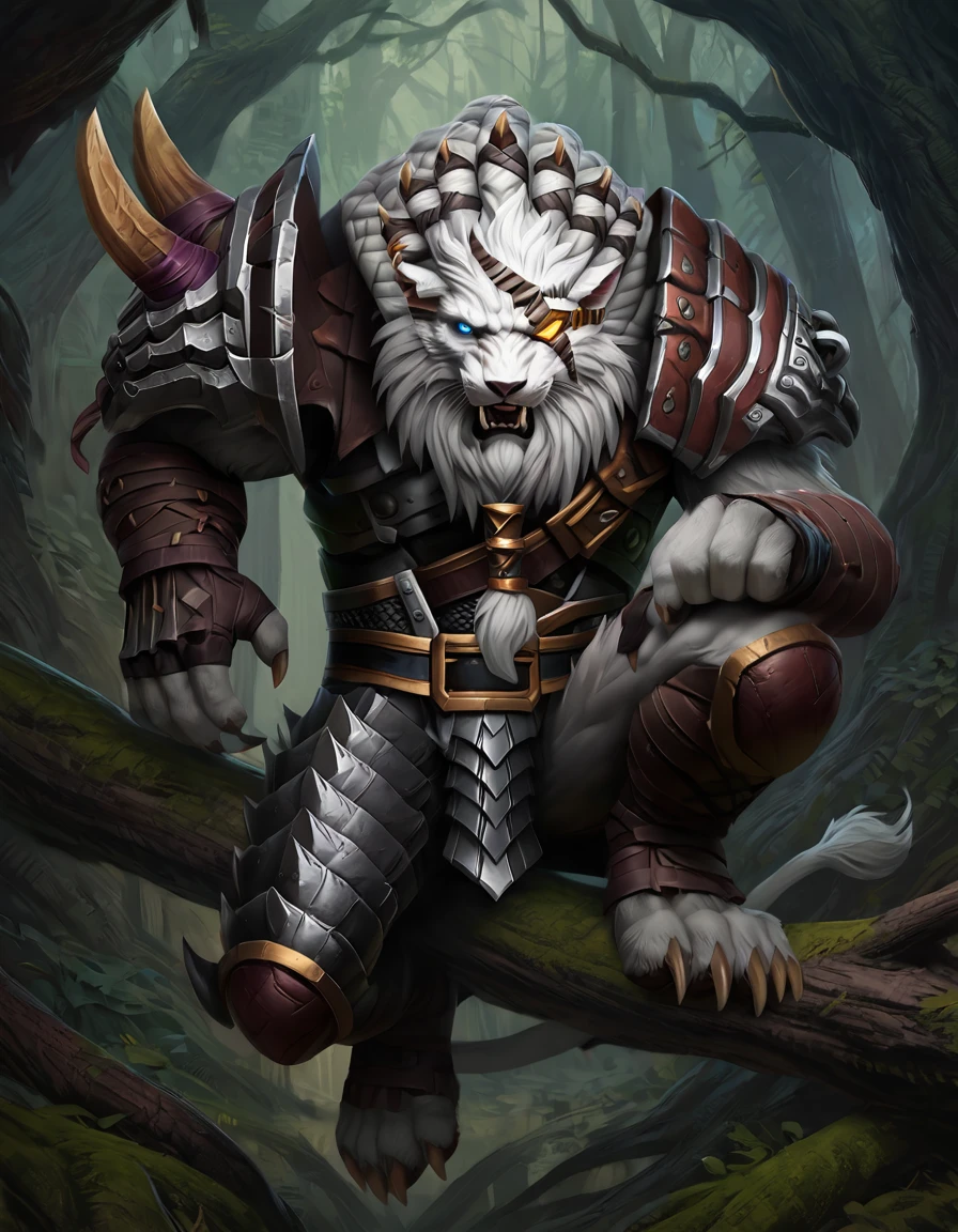 canine,canid,Rengar,lion,mammal,furry,anthro,day,fluffy,male,solo,blue eye,yellow eyepatch,armor,(one knee:1.3), on branch,full body,looking at viewer,forest,realistic,digital art, concept art,newest,masterpiece, best quality
 <lora:RengarXLV3:1> <lora:Concept Art Brush Style LoRA_SeaArt Furry XL 1.0:0.6>