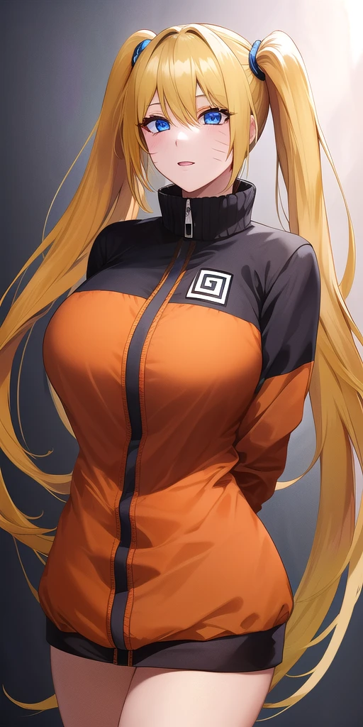 <lora:UzumakiNarukoV2:0.7> naruko_uzumaki, huge_breasts, standing, solo, arms_behind_back, multicolored_jacket_black_jacket_orange_jacket, masterpiece, best_quality, detailed_face, detailed_eyes, highres, beautiful, detailed, absurdres,