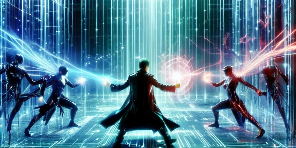 Neo matrix fight scene, <lora:Cyberspace:1> cyberspace, glowing magical energy in cyberspace,