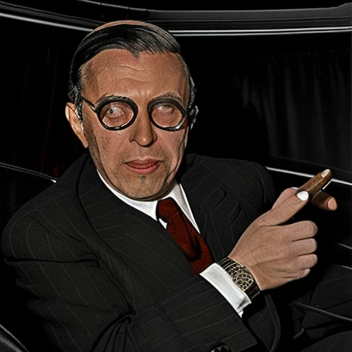 black hair, too many, curtains, wristwatch, necktie, grey hair, mole under eye, suit, cigar, car interior, blurry, black jacket, black-framed eyewear