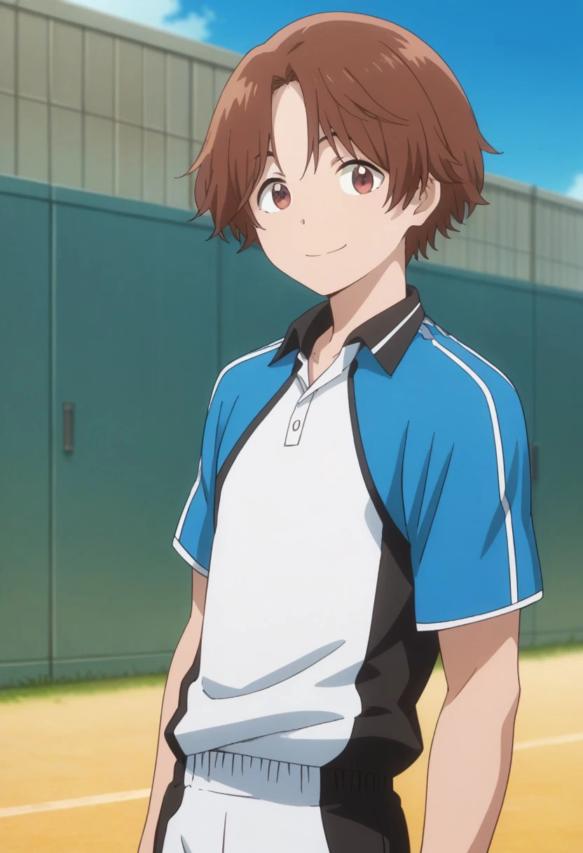 score_9, score_8_up, score_7_up, source_anime, highly detailed, 
rintaro, 
1boy, male focus, brown hair, solo, brown eyes, upper body, sportswear, shorts, smile, looking at viewer, standing, white shorts, tennis uniform, shirt, raglan sleeves white shirt, blue shirt, 
outdoor, sky,