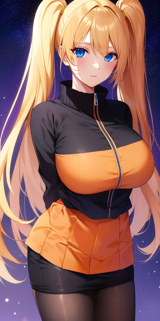 <lora:UzumakiNarukoV3:0.7> naruko_uzumaki, huge_breasts, standing, solo, arms_behind_back, multicolored_jacket_black_jacket_orange_jacket, orange_skirt, starry_sky,, masterpiece, best_quality, detailed_face, detailed_eyes, highres, beautiful, detailed, absurdres,