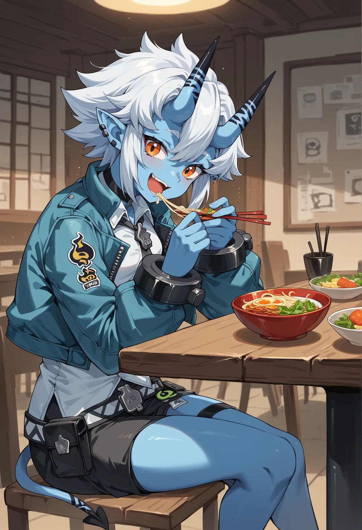 1girl, oni, blue skin, colored skin, skin-covered horns, orange eyes, pointy ears, white hair, short hair, sidelocks, demon tail, earrings, shackles, choker, white shirt, necktie, brooch, jacket, thigh holster, sitting, table, chair, indoors, living room, eating, ramen, smile, open mouth, chopsticks,  <lora:Soukaku_ZZZ:1>, score_9, score_8_up, score_7_up, score_6_up, score_5_up, score_4_up, BREAK source_anime, masterpiece