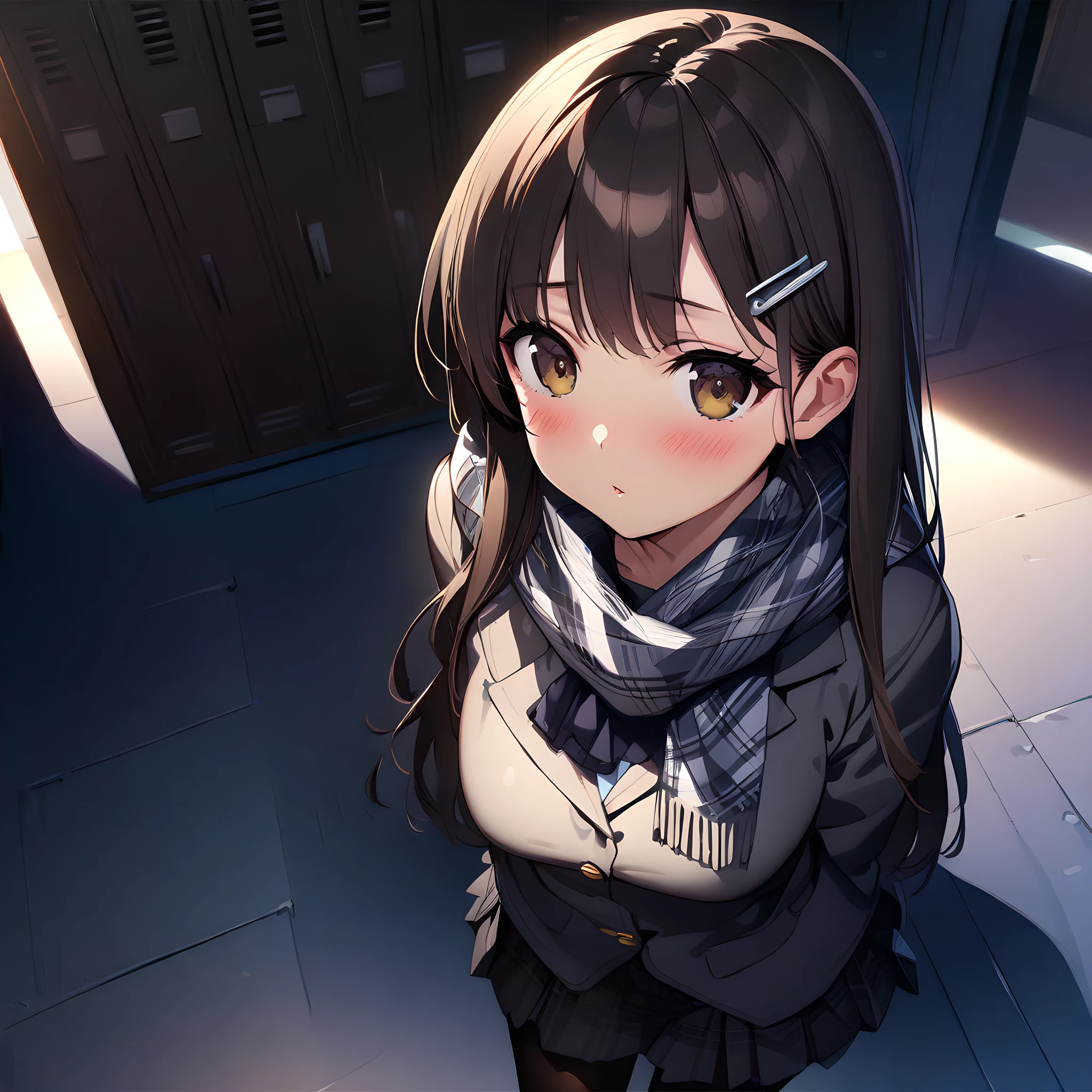 (masterpiece),(best quality),(ultra-detailed),(best illustration),(best shadow),(absurdres),(detailed background),(very aesthetic), yuki_morikawa, 1girl, solo, scarf, pantyhose, long hair, skirt, hair ornament, hairclip, brown hair, locker, blush, school uniform, plaid scarf, black pantyhose, brown eyes<lora:XL-YukiMorikawa:1>