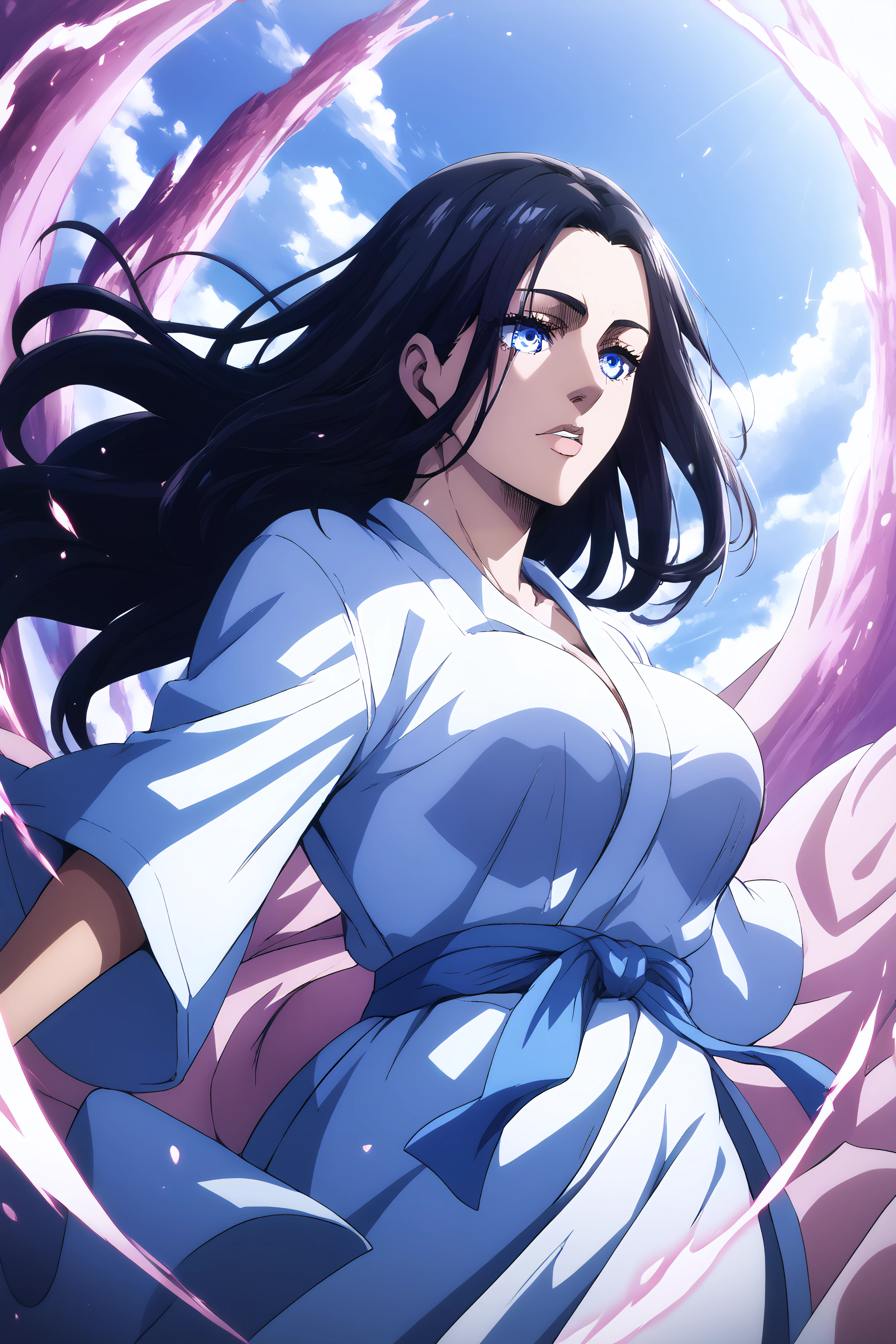 score_9, score_8_up, score_7_up, BREAK source_anime, <lora:Frieda Reiss-PonyXL-lora-Faxtron:0.8> frieda reiss, blue eyes, black hair, long hair, large breasts, robe,