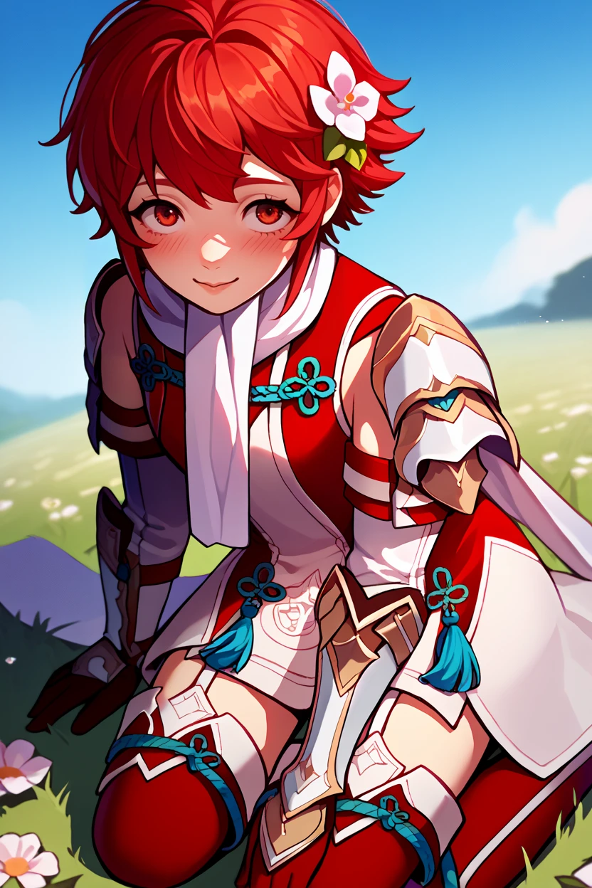 score_9, score_8_up, score_7_up, score_6_up, source_anime, 1girl, solo, <lora:fehinoka-pdxl-nvwls-v1-000006:1> hinoka, red hair, red eyes, short hair, white scarf, red and white dress, shoulder armor, gauntlets, red gloves, garter straps, red thighhighs, thigh boots, sitting, kneeling, field, flower patch, hair flower, blush, smile, looking up, blue sky