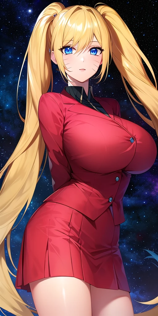 <lora:UzumakiNarukoV2:0.7> naruko_uzumaki, huge_breasts, standing, solo, arms_behind_back, skirt_suit, starry_sky,, masterpiece, best_quality, detailed_face, detailed_eyes, highres, beautiful, detailed, absurdres,