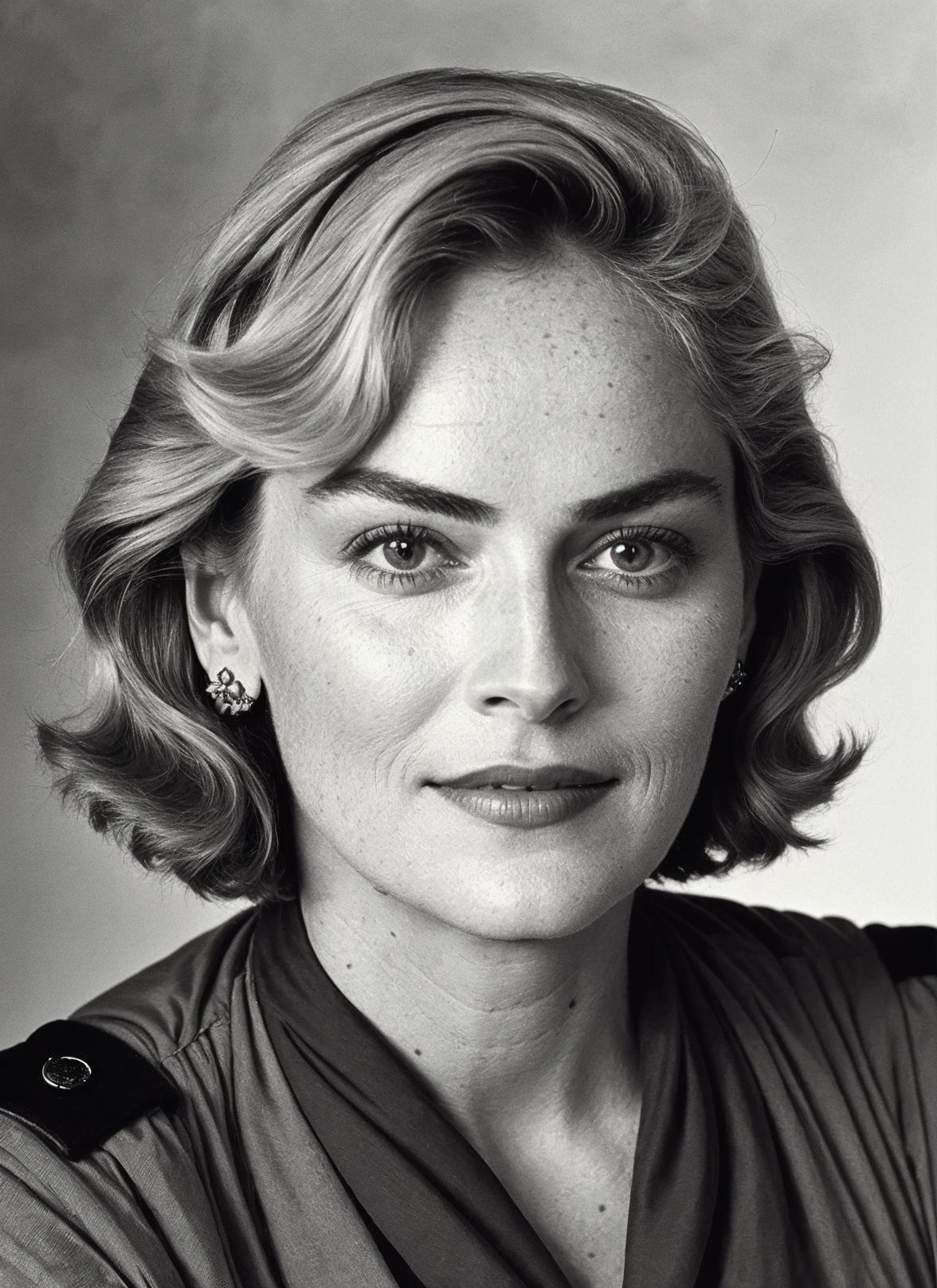 Empowered portrait of sks woman in the 1940s, military-inspired fashion, vibrant tones amidst a broader palette of muted shades, a practical yet stylish haircut, captured by Margaret Bourke-White, employing natural lighting to convey resilience and strength, <lora:locon_sharonstone_v1_from_v1_64_32:0.7> <lora:lora-small-sharon-stone-v1:0.65>