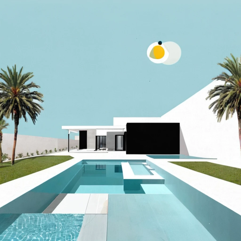 ((architecture collage render, cut out, photoshop collage, minimal colors,magazine cutouts)) A modern villa with a pool, cool geometry 