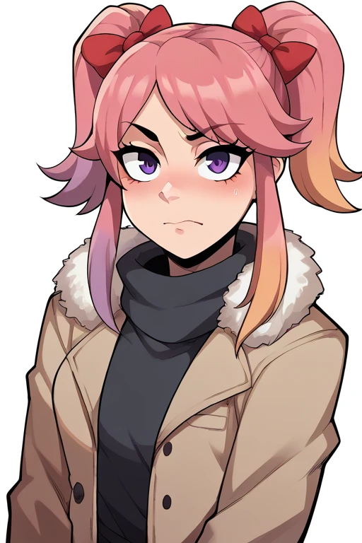 2D, score_9, score_8_up, score_7_up, BREAK, 1girl, Saiko Bichitaru, Pink Hair, Purple Eyes, pigtails, red ribbons, winter coat<lora:EMS-425994-EMS:1.000000>