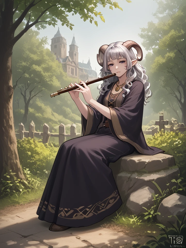 source_furry, score_7_up, rating_safe, sitting, 
anime face,<lora:whisker_markings:0.8>red whisker_markings, silver long wavy hair,  bell necklace, short pointy ears, purple eyes, <lora:age_slider_v4:0.6>
<lora:Smooth Style 2 SDXL_LoRA_Pony Diffusion V6 XL:0.3> full body,  
<lora:Test_Diana:0.8> tiefling_bard_diana,   <lora:INKxXmo shaded face:0.5> INKxXmo Dark Theme, 
 <lora:Graveyard:1>graveyard:1.5, day,  <lora:flute:0.8> flute, holding instrument, solo, close up:0.8,