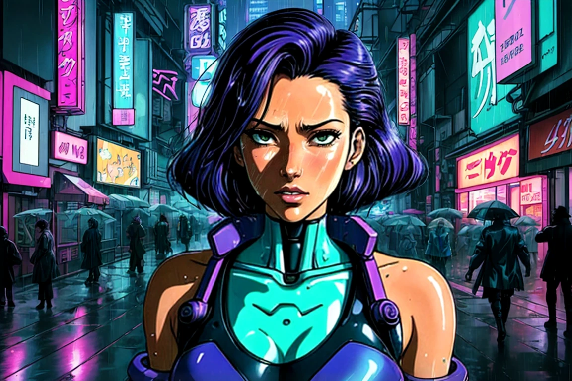 Anime, 1girl, solo focus, close-up shot, head-and-shoulders, woman cyborg, dyed hair, eclectic style, outdoors, rain, art by Naoki Urasawa, street photography, cyberpunk, vaporwave, futuristic city, neon lights <lora:OttoZone_v2+:1>