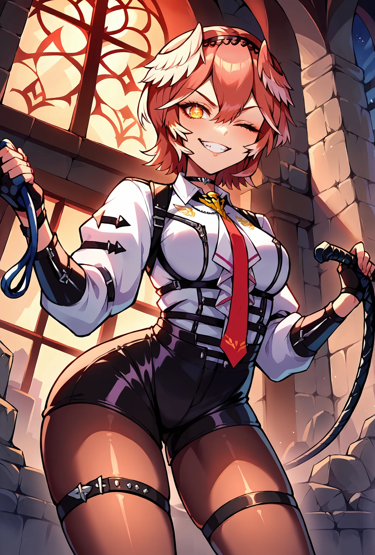 score_9, score_8_up, score_7_up, source_anime BREAK
1girl, standing, from below, holding whip, leaning forward, cowboy shot, evil grin, one eye closed, crosshair pupils, yellow eyes, looking at viewer, stretching whip, hands up
indoors, window, gothic architecture, dark, night, stone wall, (red lighting:1.2), dramatic lighting
<lora:TakaneLuiXL-3:1> lui-def, red necktie, fingerless gloves, pantyhose, thigh strap