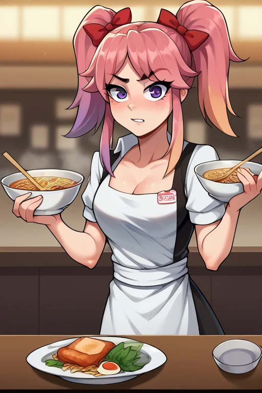 2D, score_9, score_8_up, score_7_up, BREAK, 1girl, Saiko Bichitaru, Pink Hair, Purple Eyes, pigtails, red ribbons, waitress uniform, ramen<lora:EMS-425994-EMS:1.000000>