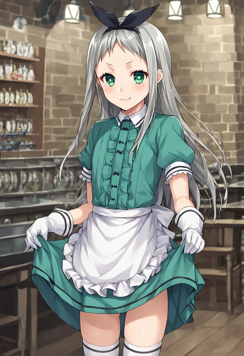 anime artwork, score_7, score_6_up, score_5_up, 1girl, solo, masterpiece, best quality, source_anime, ((detailed eyes)), hideri, 1boy, male focus, solo, :3, long hair, green eyes, bright pupils, white pupils, aqua eyes, grey hair, otoko no ko, kanzaki hideri, gloves, white gloves, hair bow, black hairband, hairband, skirt, thighhighs, dress, bow, short sleeves, thighs, frills, puffy sleeves, apron, white thighhighs, puffy short sleeves, waist apron, crossdressing, green dress, waitress clothes lift, skirt lift, lifted by self, dress lift, cowboy shot, looking at viewer, cafe background, young,