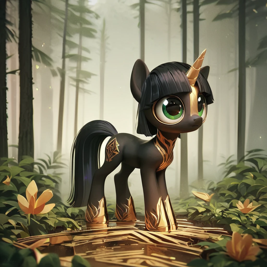 zpdxl2, unicorn, RetroBG, black and gold, forest, fantastical, whimsical, cute, big eyes  <lora:RetroLuxe World Morph - Pony:1>