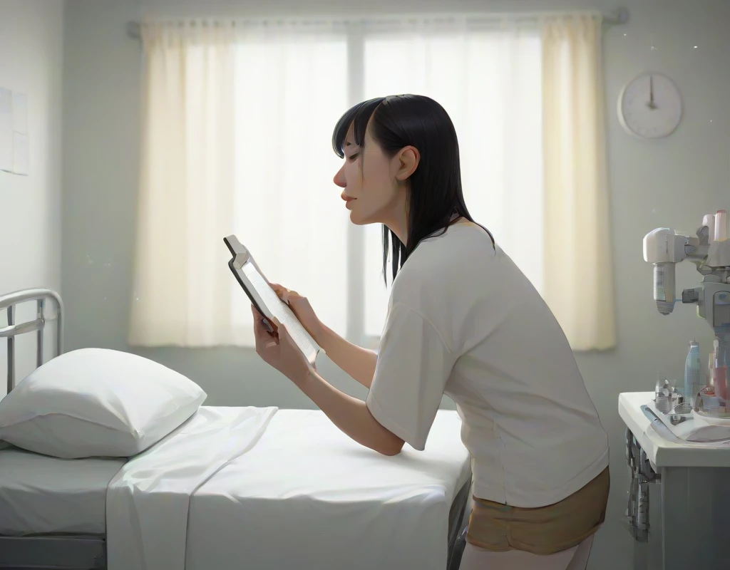 score_9, score_8_up, score_7_up, solo focus wearing oversized shirt, shorts with tights, black hair, short stature, standing, solo, examination-room, curtain, hospital bed, next to bed, from side, clipboard, cast, bondages <lora:Examination_Room_BG:.7> zPDXLrl