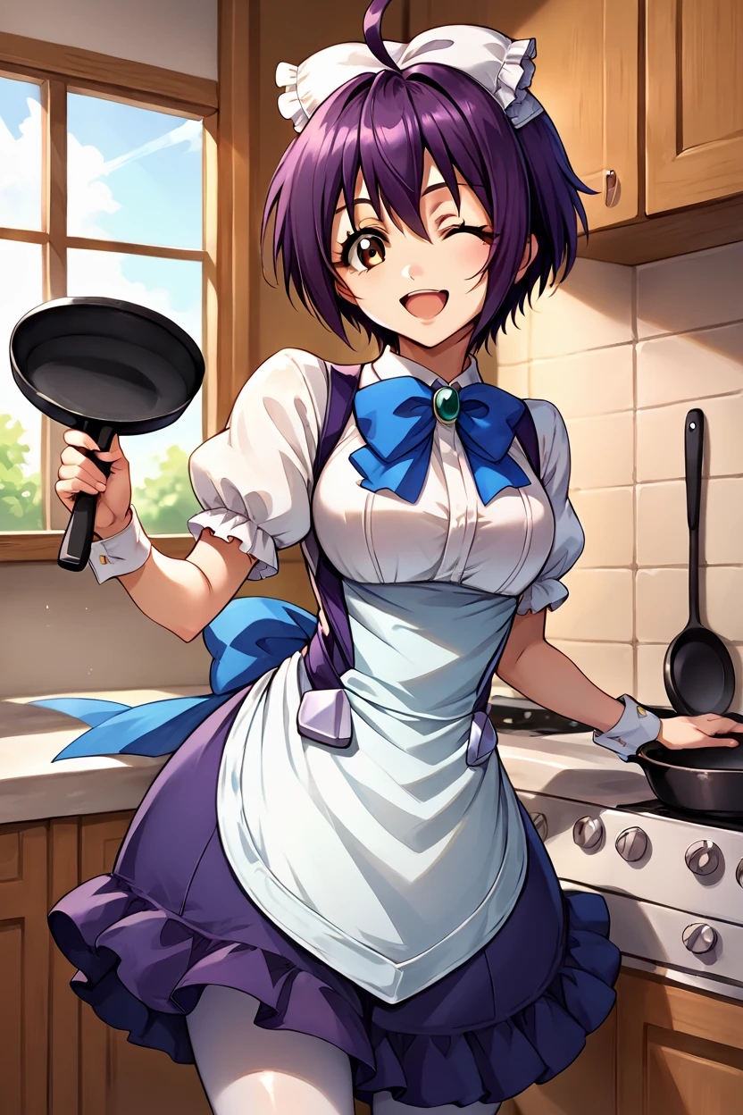 score_9, score_8_up, score_7_up, source_anime BREAK 1girl, solo, crossange_momoka, cowboy shot, maid, hair bow, apron, blue bow tie, purple skirt, puffy short sleeves, wrist cuffs, white pantyhose, purple hair, short hair, ahoge, bangs, brown eyes, looking at you, smile, one eye closed, open mouth, kitchen, holding frying pan <lora:crossange_momoka:1>