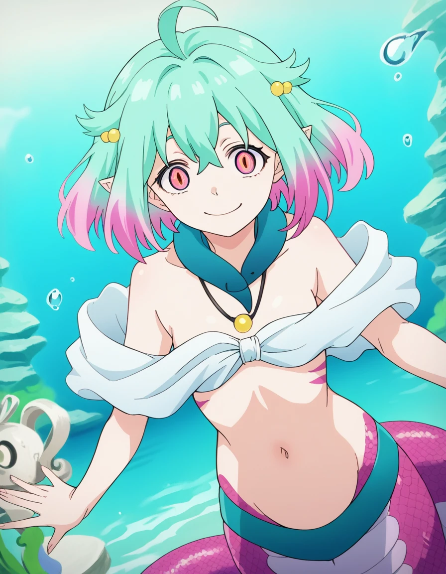 Long Hair, chest, View your viewers, blush, smile, Open your mouth, bangs, blue eyes, 大きなchest, Knee socks, gloves, ribbon, belly button, chestの谷間, Transparent swimsuit, whole body, Gray Hair, 巨大なchest, (巨大なchest: 1.8), Green Hair, horn, Pointed Ears, Blunt bangs, Raise your arms, (1People Girls), (Side tie bikini bottom), (Transparent micro bikini), ((White tiny micro bikini)), wave hands