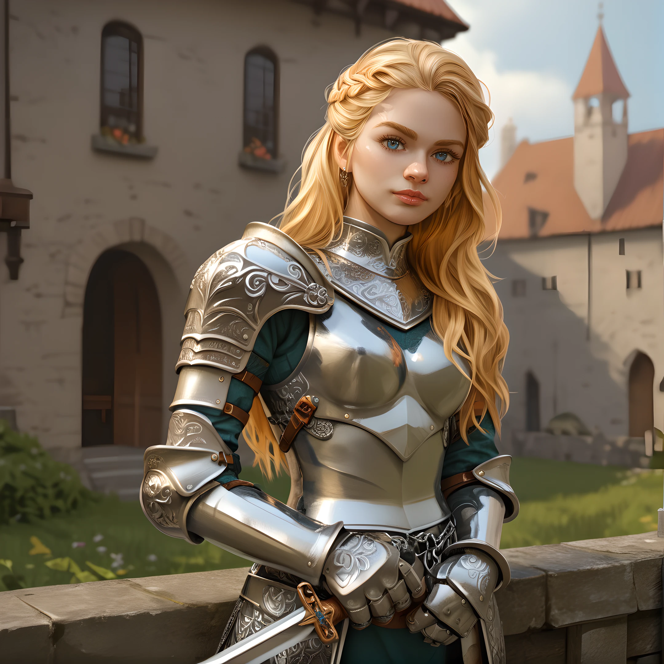 1girl, solo, blonde hair, armor, realistic, outdoors, long hair, breastplate, shoulder armor, looking at viewer, gauntlets, chainmail, <lora:Medieval_Times_-_Realistic_Female_Armor:0.7>
BREAK
level_9, level_8_up, level_7_up, level_6_up, level_5_up, source_cartoon, masterpiece 
BREAK
medieval,