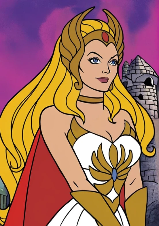 sh3ra,  warrior princess, blonde hair, blue eyes, light smile, golden winged tiara, white dress, white skirt, armour, red cape, gold bracers, half body  <lora:She-Ra_Princess_of_Power_1987_-_Pony:0.9>, castle greyskull background