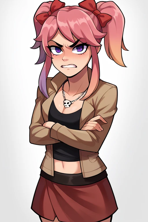 2D, score_9, score_8_up, score_7_up, BREAK, 1girl, Saiko Bichitaru, Pink Hair, Purple Eyes, pigtails, red ribbons,brown jacket, black croptop, red skirt, skull necklace, arms crossed<lora:EMS-425994-EMS:1.000000>