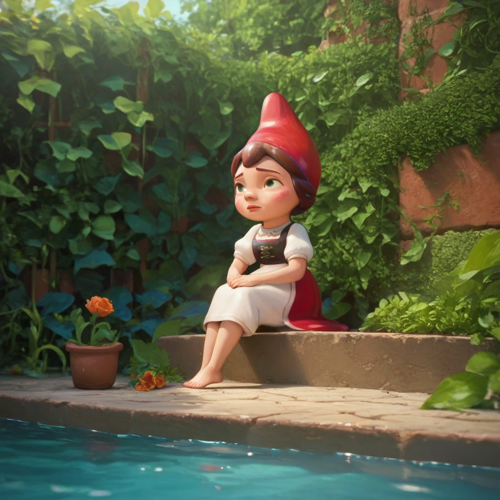 score_9, score_8_up, score_7_up, score_6_up, score_5_up, score_4_up, 1girl, JulietGnome, in a garden, hat, sitting on the ground, feet in the water