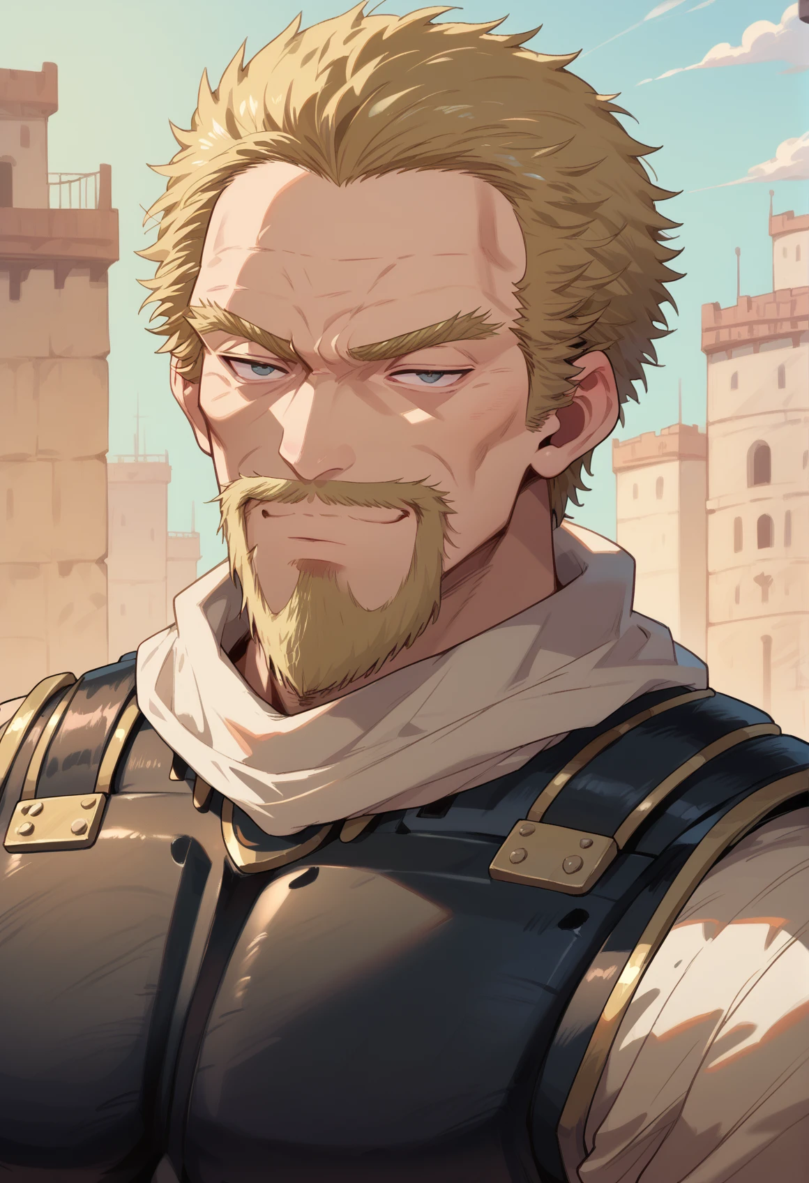 1boy, <lora:askeladdvinland:1> askeladdvinland, facial hair, mature male, black armor, smug, score_9, score_8_up, score_7_up, score_6_up