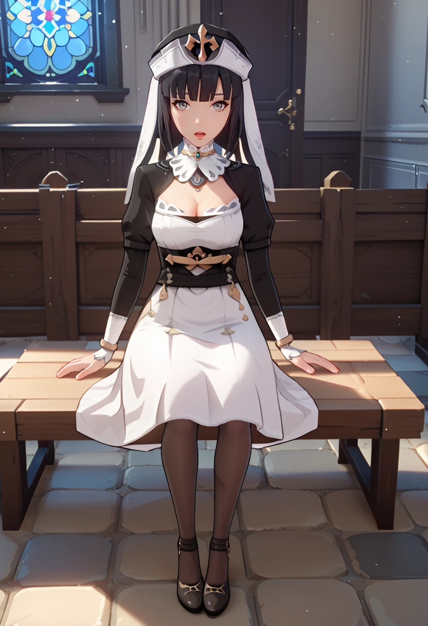 score_9, score_8_up, score_7_up, score_6_up, score_5_up, 1girl, <lora:Genshin_Mondstadt_Girls:0.9> MondstadtGirls, source genshin impact, nun, veil, cleavage, white dress, pantyhose, high heel boots, white skin, black hair, bob haircut, asymmetrical bangs, grey eyes, surprised, , sexy, female focus, fantasy, expressive, skindentation, skinny, tiny, 1female, masterpiece, 32K HD, beautiful attention to detail, detailed eyes, shiny skin, showing lots of skin, wide lens, perfect hands, perfect eyes, ((2d)), anime, source anime, flat shadows, flat colors, looking at viewer, zPDXL2, zPDXLxxx, sitting, clothed female, uncensored , full body, indoors