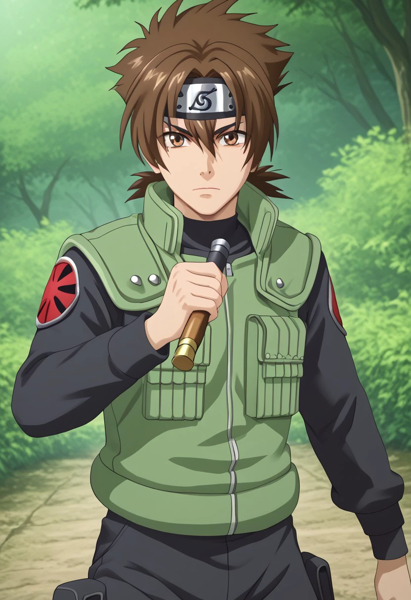 Masterpiece, best quality, high quality, highres, 4k, detailed face, Expressiveh, bmbplora, issei_hyoudou, brown hair, brown eyes, hair between eyes, Green Flak Jacket, Leaf Forehead Protector, solo, headband, holding weapon,