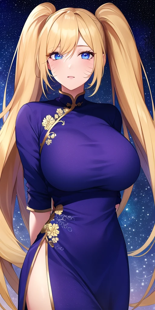 <lora:UzumakiNarukoV2:0.7> naruko_uzumaki, huge_breasts, standing, solo, arms_behind_back, china_dress, starry_sky,, masterpiece, best_quality, detailed_face, detailed_eyes, highres, beautiful, detailed, absurdres,