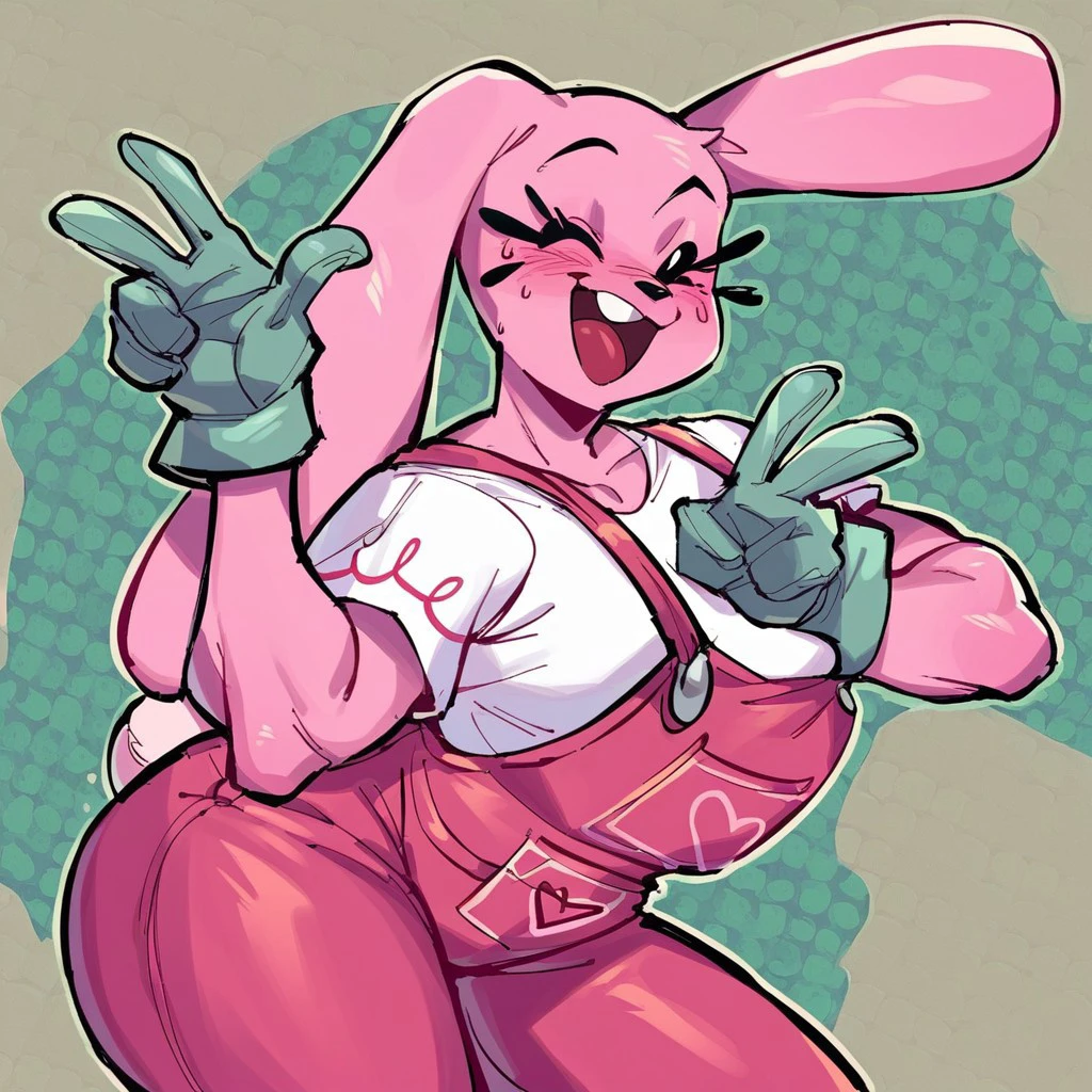 tHuntress, bunny mask,rabbit ears,muscular,thighs, long hair,large breasts, glowing white eyes, standing, hand on head,
thAttire,suspenders,shirt ,pants,belt,gloves,
(insanely detailed, beautiful detailed face, masterpiece, best quality) <lora:Huntress-09:0.8>