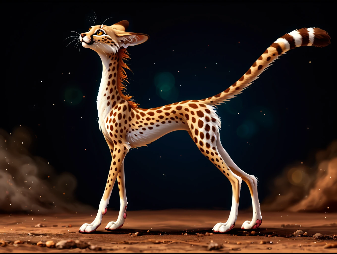 <lora:DustPonyXL:1>,dustponyxl,dust,powder,light particles,refraction,chromatic_aberration,bokeh,film grain,detailed crease,foreshortening,dynamic_angle,serval, whiskers, long neck, long arms, long legs, paws, pawpads,