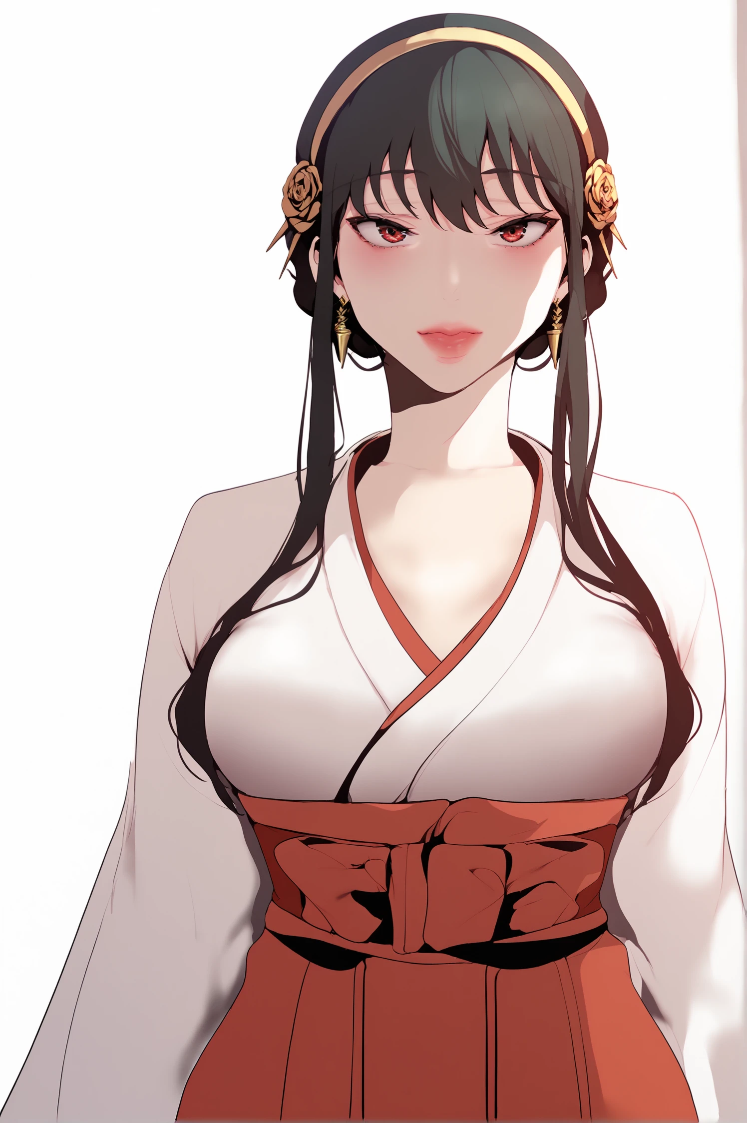 <lora:XL_STYLE_BNW_ART1:1> bnwart1def, 
yor briar, simple background, white background, 1girl, japanese clothes, solo, looking at viewer, kimono, breasts, white kimono, long sleeves, red hakama, wide sleeves, red sash, score_9,score_8_up,score_7_up, detailed face, source_anime