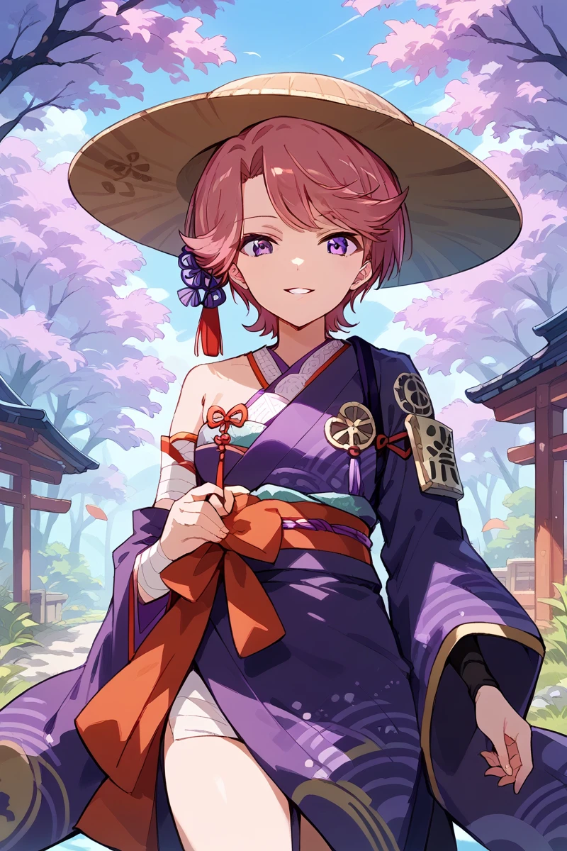 score_9, score_8_up, score_7_up, score_6_up, 1girl,
 <lora:Futaba_Isurugi:0.9> futaba, short hair, solo, purple eyes, japanese clothes, short hair, wood japanese hat, looking at viewer, pink hair, asymmetrical sleeves, kimono, purple kimono, detached sleeves, smile, cowboy shot, parted lips