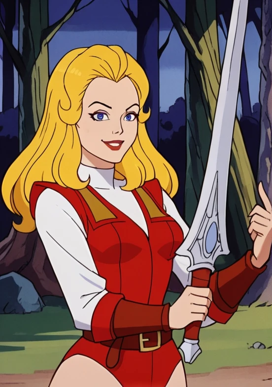 ad0ra, princess, solo, blonde hair, blue eyes, friendly smile, red leotard jacket, red bracers, white sleeves, belt, half body, holding a sword <lora:She-Ra_Princess_of_Power_1987_-_Pony:0.8>, in a fantasy forest,