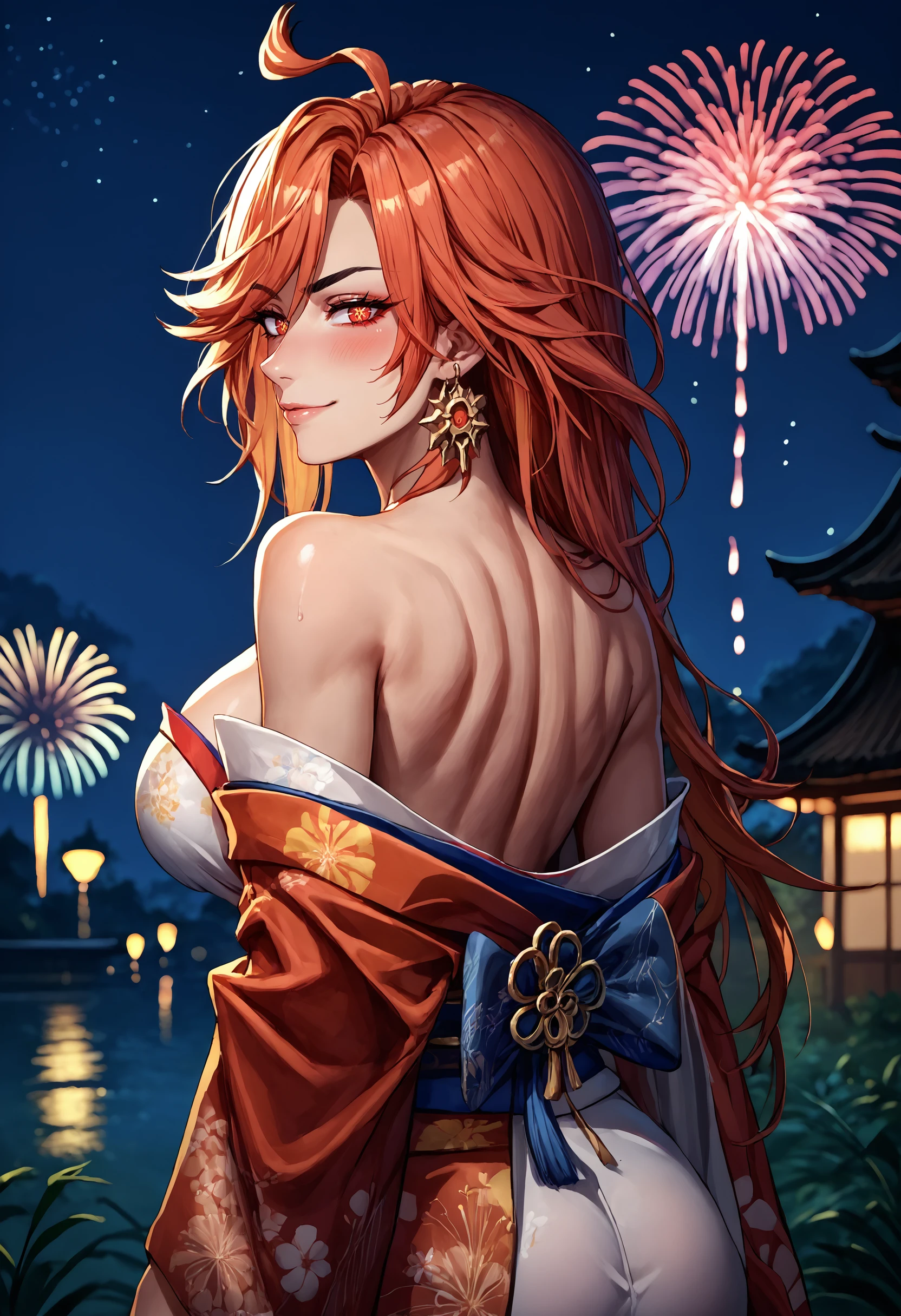 score_9, score_8_up, score_7_up, detailed, mavuika, symbol-shaped pupils, ahoge, red eyes, large breasts, earrings,  <lora:Mavuika_pdxl_Incrs_v1:1>, long hair, looking back, from behind, off-shoulder kimono, smirk, blush, bare shoulders, rimlight, night, japanese clothes, fireworks, depth of field, sweat, impossible clothes, arms at sides,