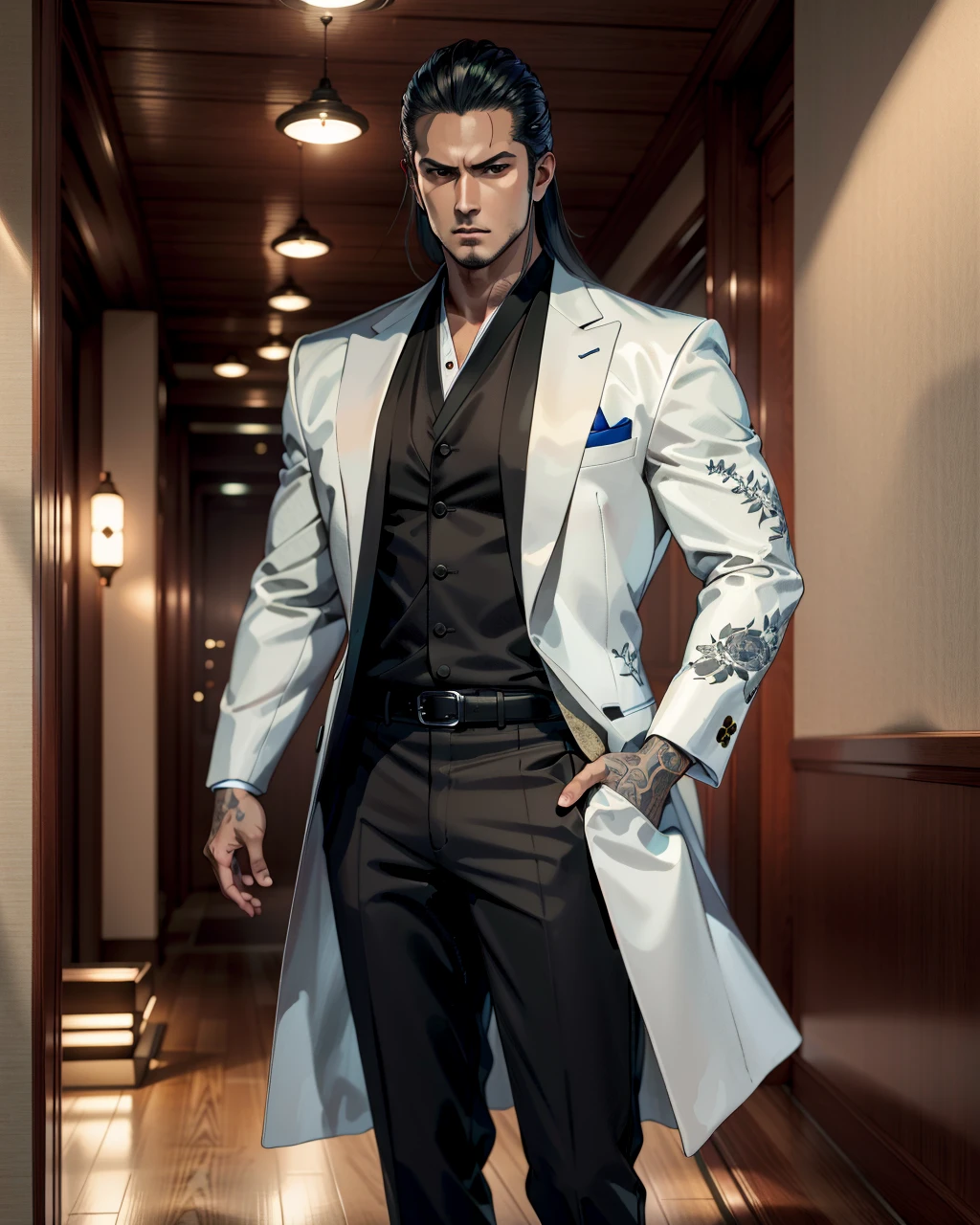 best quality,masterpiece,highly detailed,ultra-detailed, 
 <lora:neg9V2_last:0.7>  <lora:ikegami-ryoichi_v02:1.25>  man formal suit,yakuza