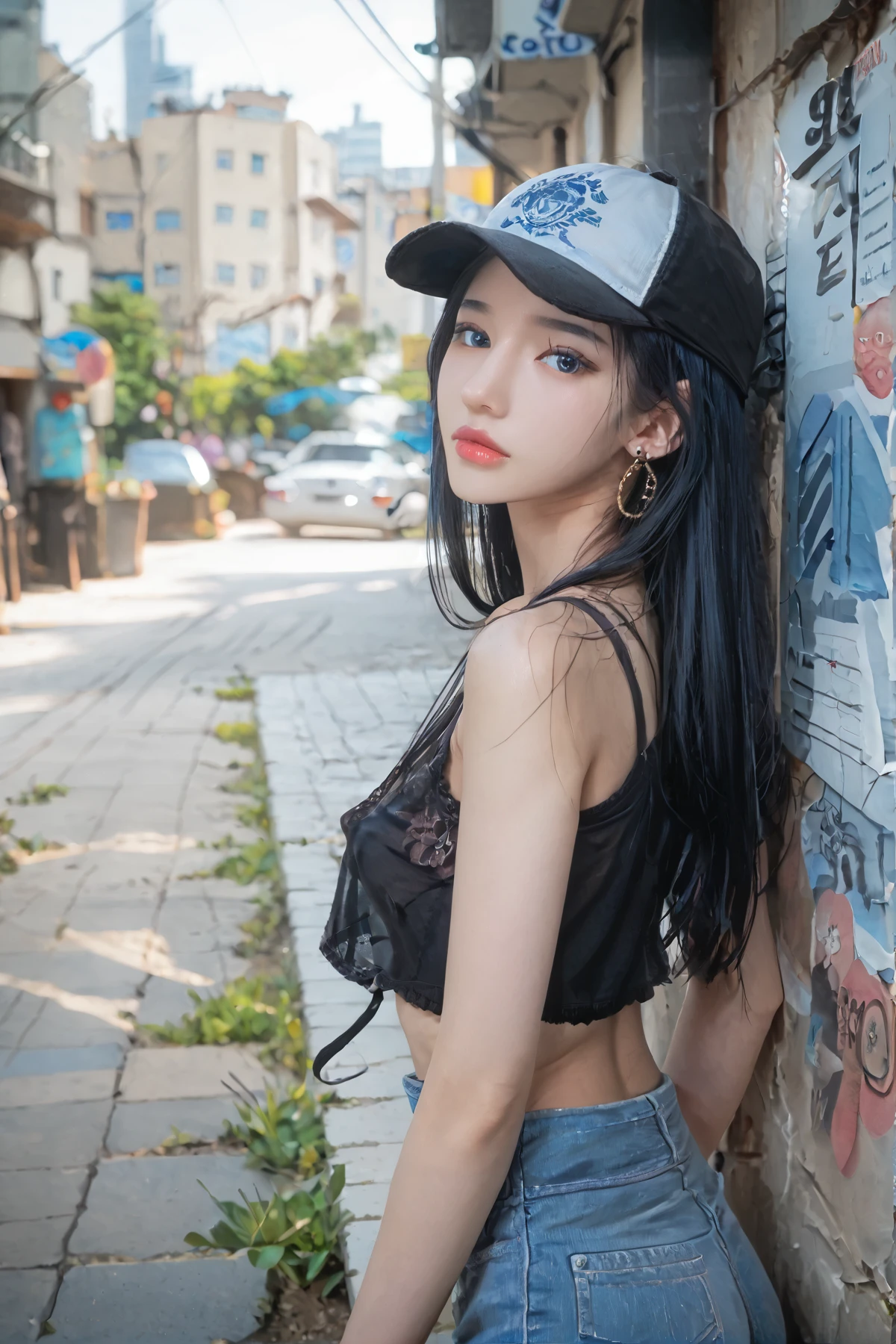 score_9, score_8_up, RAW photo, city_street, Korean pretty girl, (skinny), dark-blue hair, long hair, bangs, deep-blue eyes, eyelash, black eyeliner, nose, natural-red lip, closed mouth, large breast, black crop-top, black denim pants, shoes, earring, cap, side-view, looking at viewer,
realistic, photorealistic, <lora:Yejin10:1.0>,