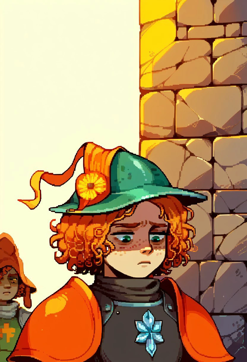 score_9, score_8_up, score_7_up, lpho, pixel, upper body, curly ginger hair, armor, windy, stone wall, looking down, holding helmet, tired