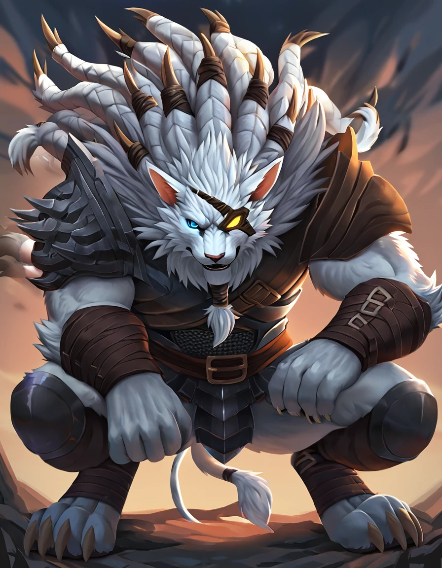 canine,felid,Rengar,lion,mammal,furry,anthro,day,fluffy,male,solo,blue eye,yellow eyepatch,fur,armor,squatting,(full body:1.5), simple background,looking at viewer,anime,newest,masterpiece, best quality
 <lora:RengarXLV2:1>