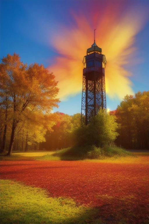 Big forest with yellow, green and red leaves at sunset, a small town with a church and a radio tower in the background, fantasy, professional canvas, triadic colors, deep color, volumetric lighting, shading with dark edges, richly detailed, matte background, style octane render.