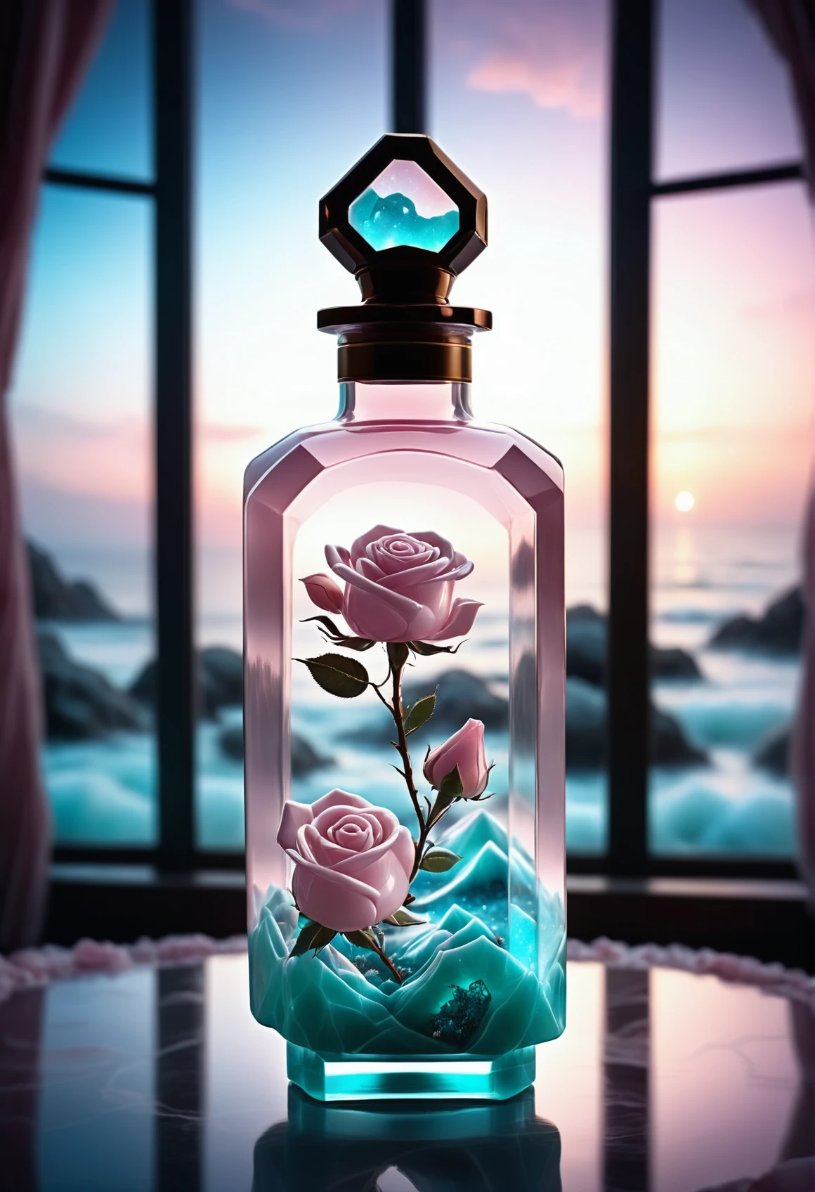 a rose made out of reij-rsqrtzjd <lora:rosequartzjade-000007:1>,,, surrounded by stardust,, inside a bottle infront of an open window, digital manipulation, flowing, highly decorated, intense, ambient atmosphere, stunning