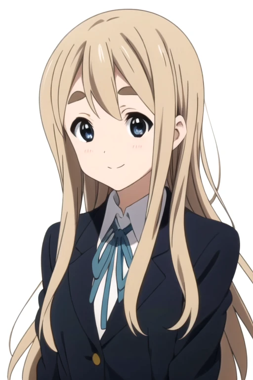 solo, 1girl, looking at viewer, 2D, anime, official style, anime coloring, anime screencap, upper body, (simple background, solid white background:1.3), <lora:mugi-kon:0.8>, tsumugi kotobuki, school uniform, long sleeves, blazer, ribbon, smile