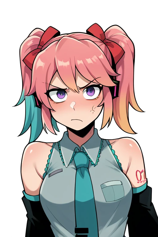 2D, score_9, score_8_up, score_7_up, BREAK, 1girl, Saiko Bichitaru, Pink Hair, Purple Eyes, pigtails, red ribbons, hatsune miku outfit, annoyed<lora:EMS-425994-EMS:1.000000>